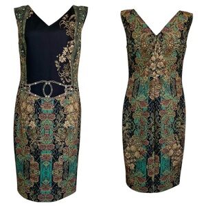 Roberto Cavalli Class Black Green Gold Floral Midi Sheath Dress Formal 10 M